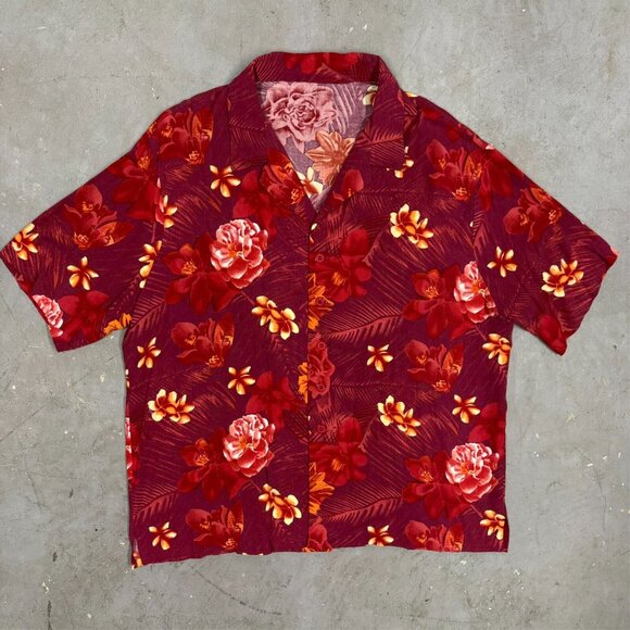 Vintage 1960s Hawaiian Shirt Floral Aloha Red Aloha Shirt XL - Picture 2 of 9